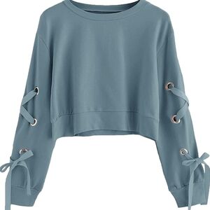 Stylish Blue Women's Cropped Light Weight Sweatshirt with Sleeve Ties